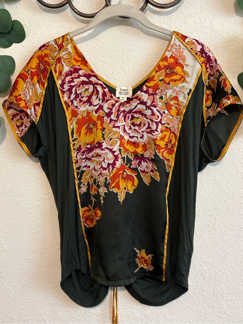 Anthropologie Boho Olive Green Floral Ruched Top